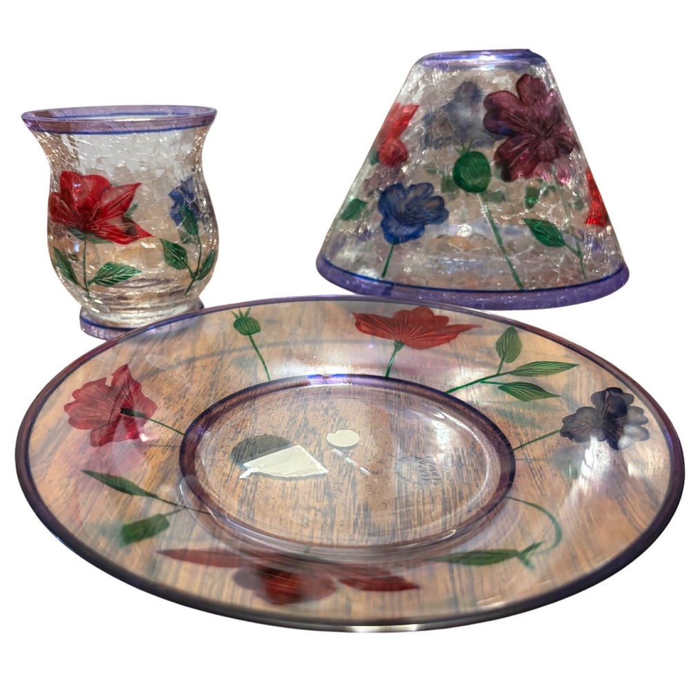 Yankee Candle Floral Poppy Crackle Glass Shade Votive Holder and Tray 3 Piece